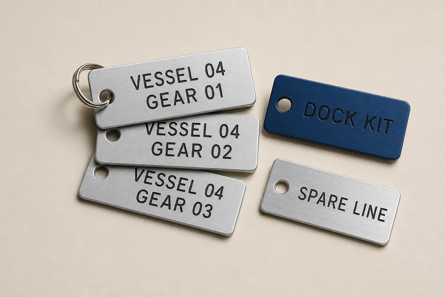 Anodized aluminum boat gear identification tags with rounded corners and attachment holes.