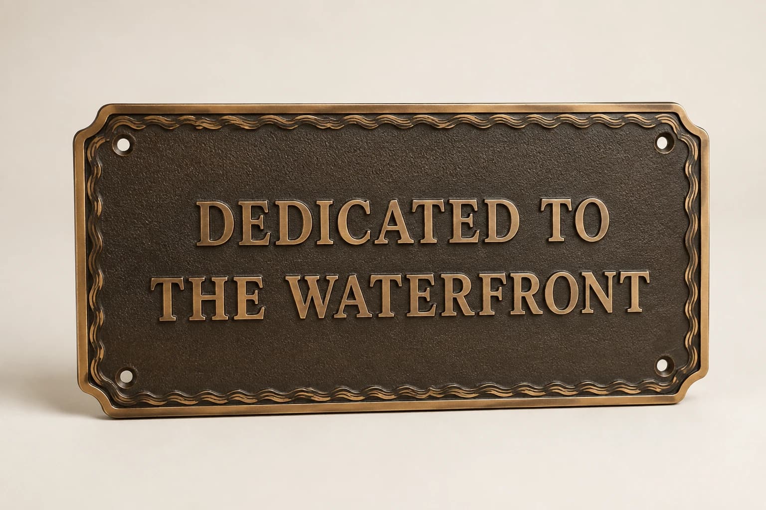 Bronze dock dedication plaque with a restrained wave border.