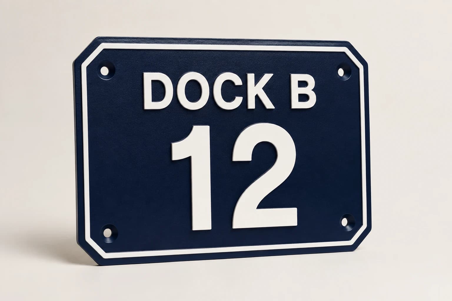 Navy dock B slip 12 sign with raised white lettering.