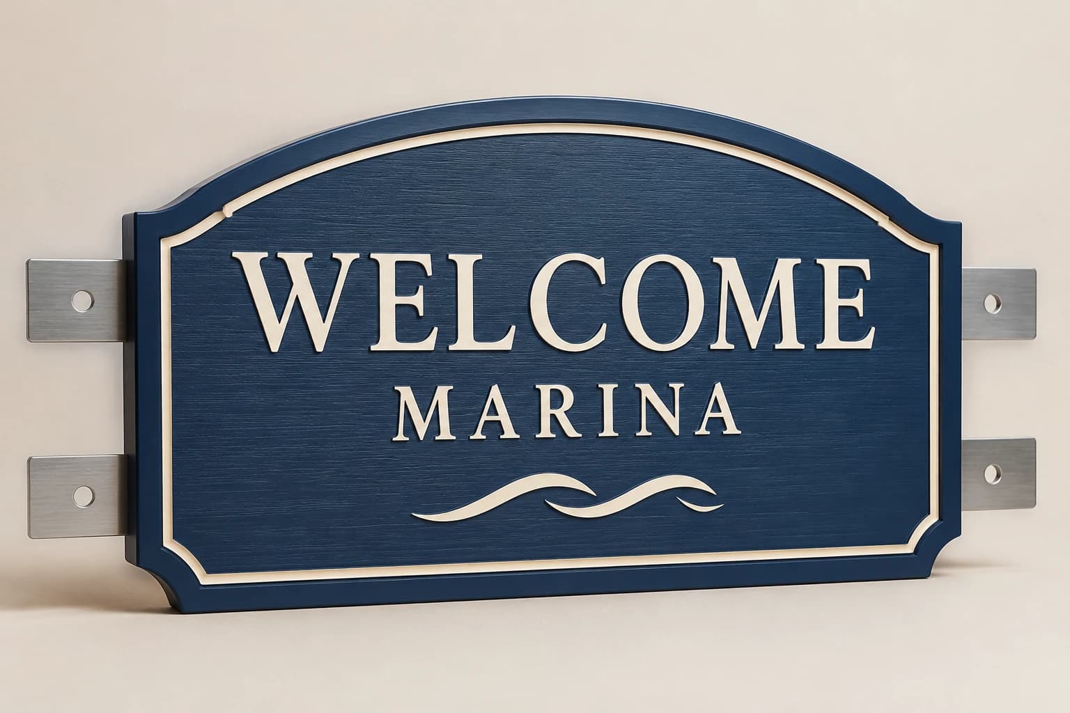 Arched navy and cream marina entrance sign with wave detail.