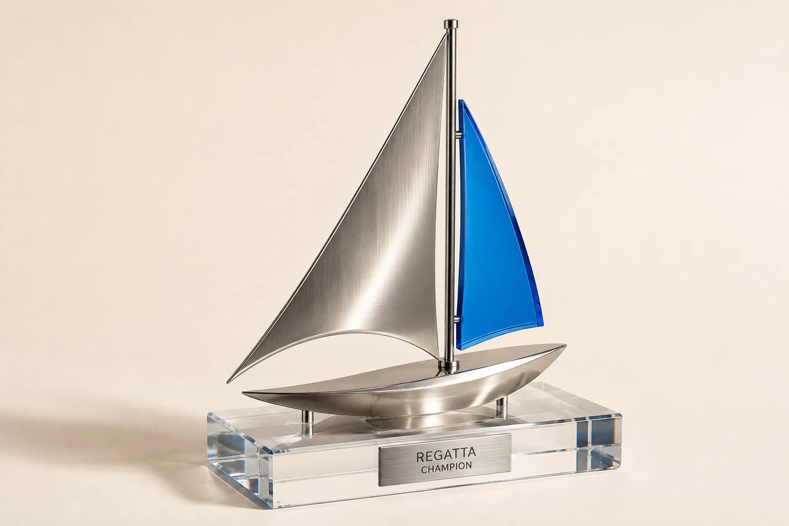 Sculptural regatta trophy combining a brushed metal mainsail and blue acrylic jib.