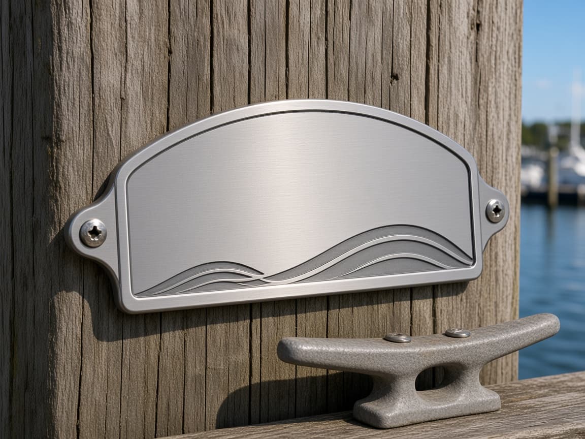 Dock and Boat Nameplate design concept beside everyday objects for scale