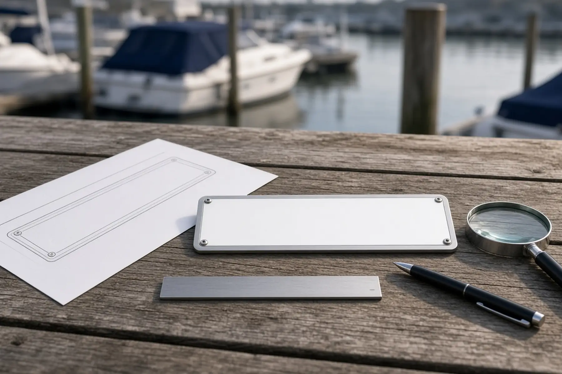 Proof review concept: a full-size layout checked against a blank Dock and Boat Nameplate