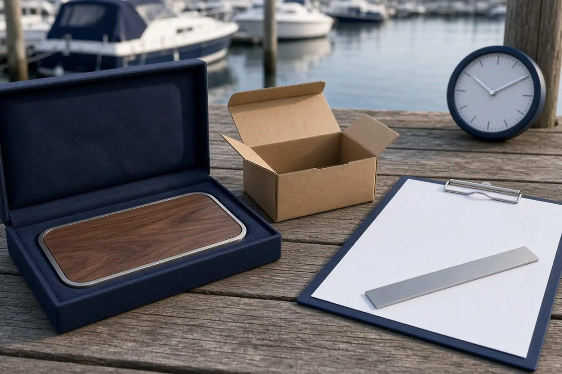 Rush planning concept: a Custom Boat Nameplate, carton and checklist arranged around an arrival date