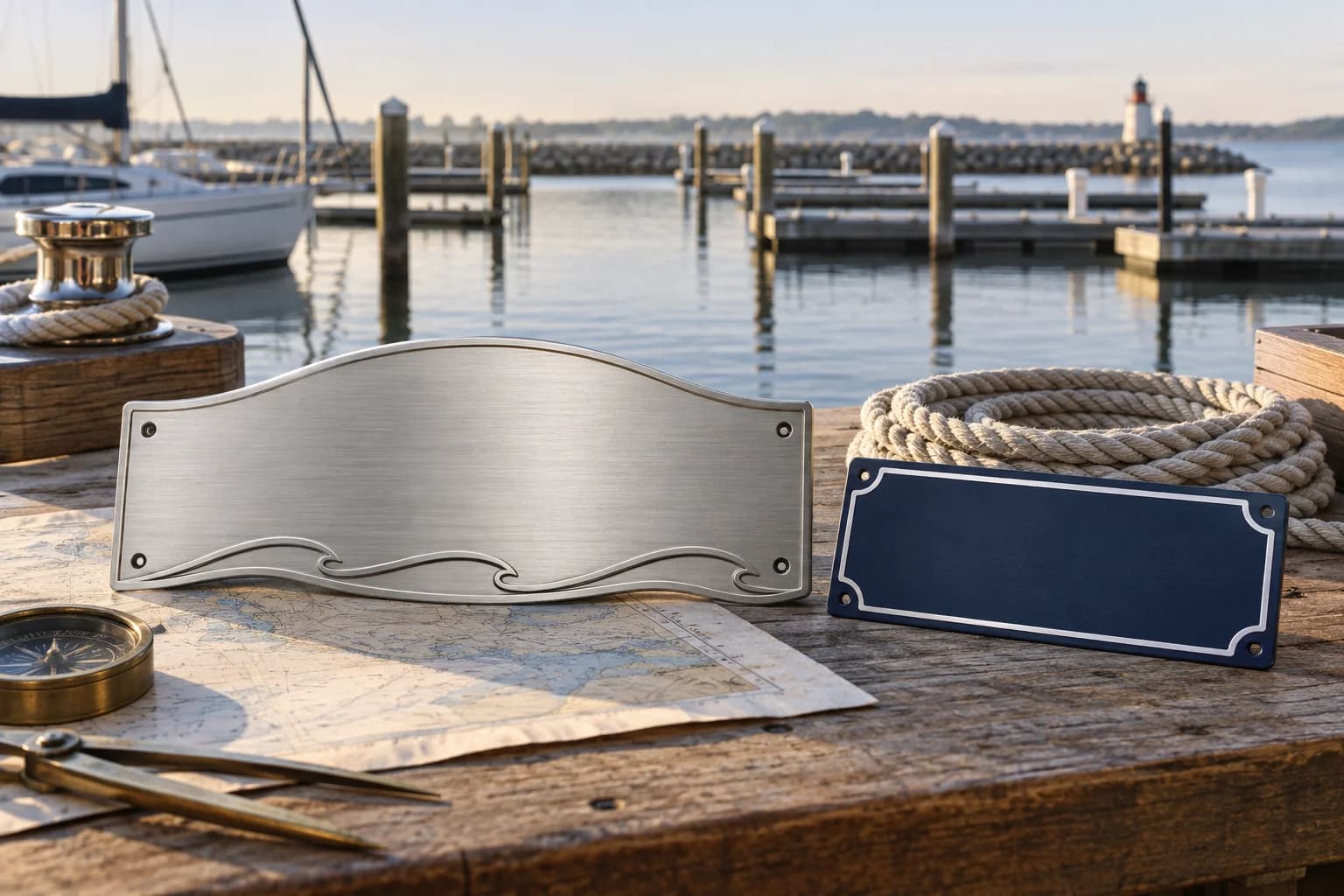 Blank boat nameplate and dock-sign concept beside coiled rope