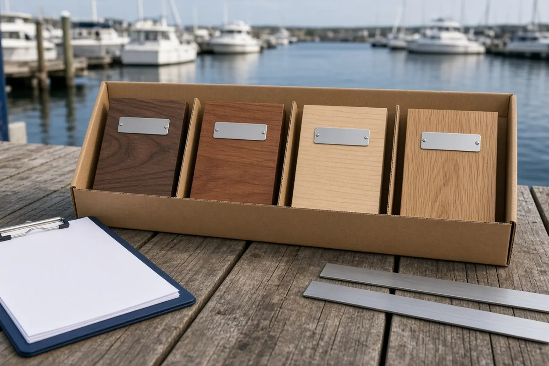 Coordinated order concept: matching Dock & Slip Number Sign pieces grouped and separated for packing