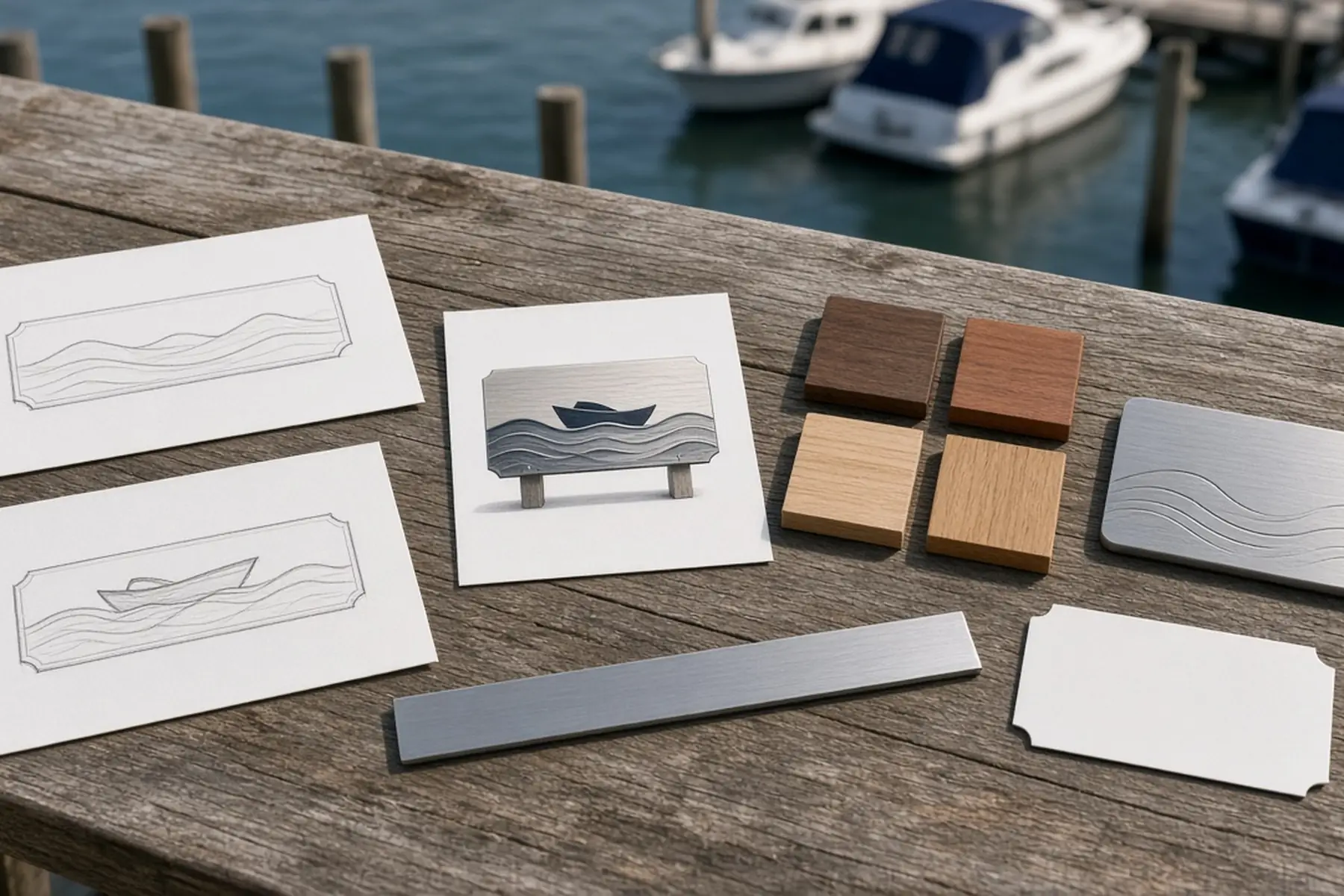 Design planning concept for a Dock and Boat Nameplate: sketches, material swatches and a blank sample shape