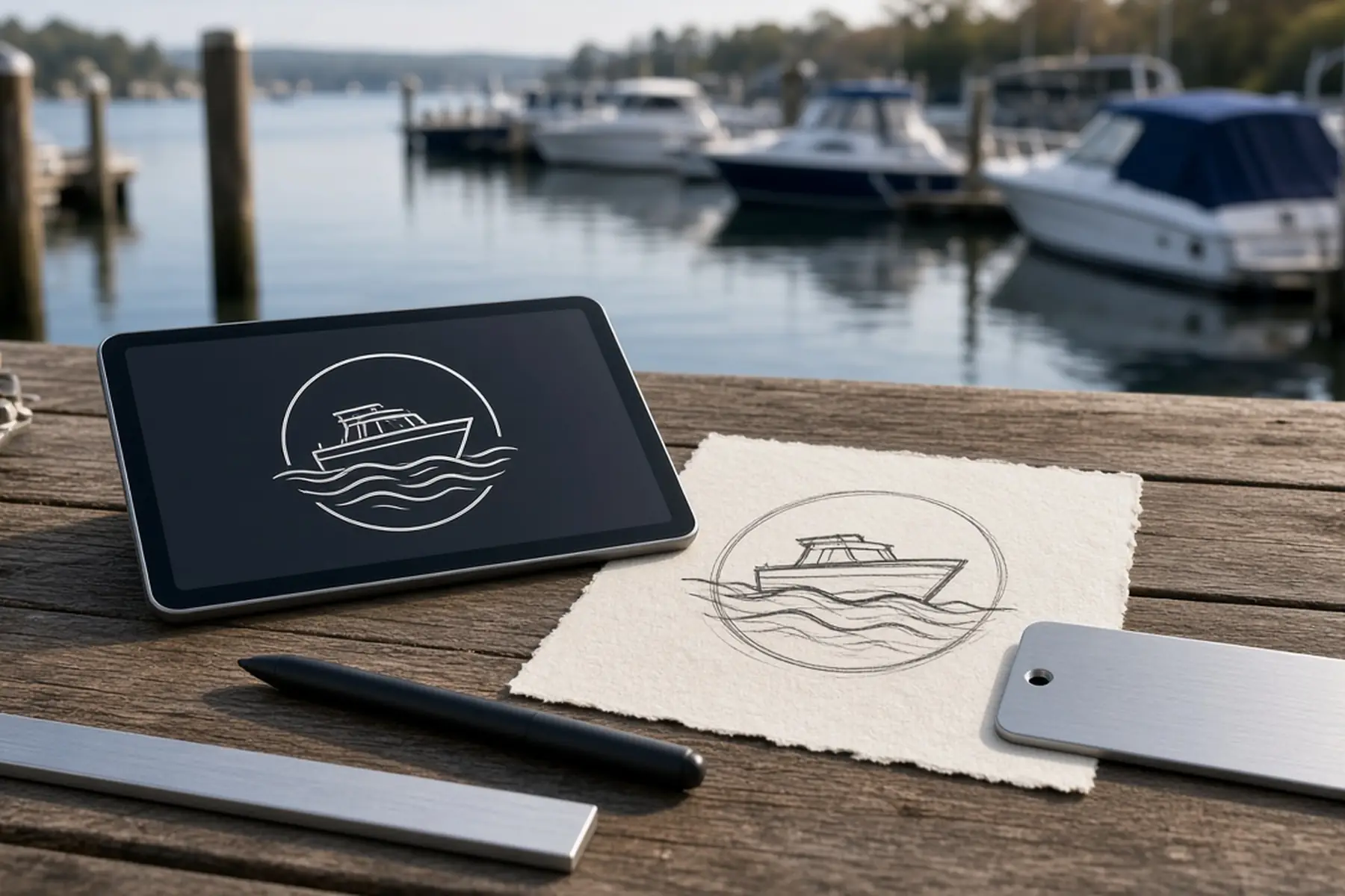 Artwork preparation concept: a simple emblem converted to clean outlines for a Dock and Boat Nameplate
